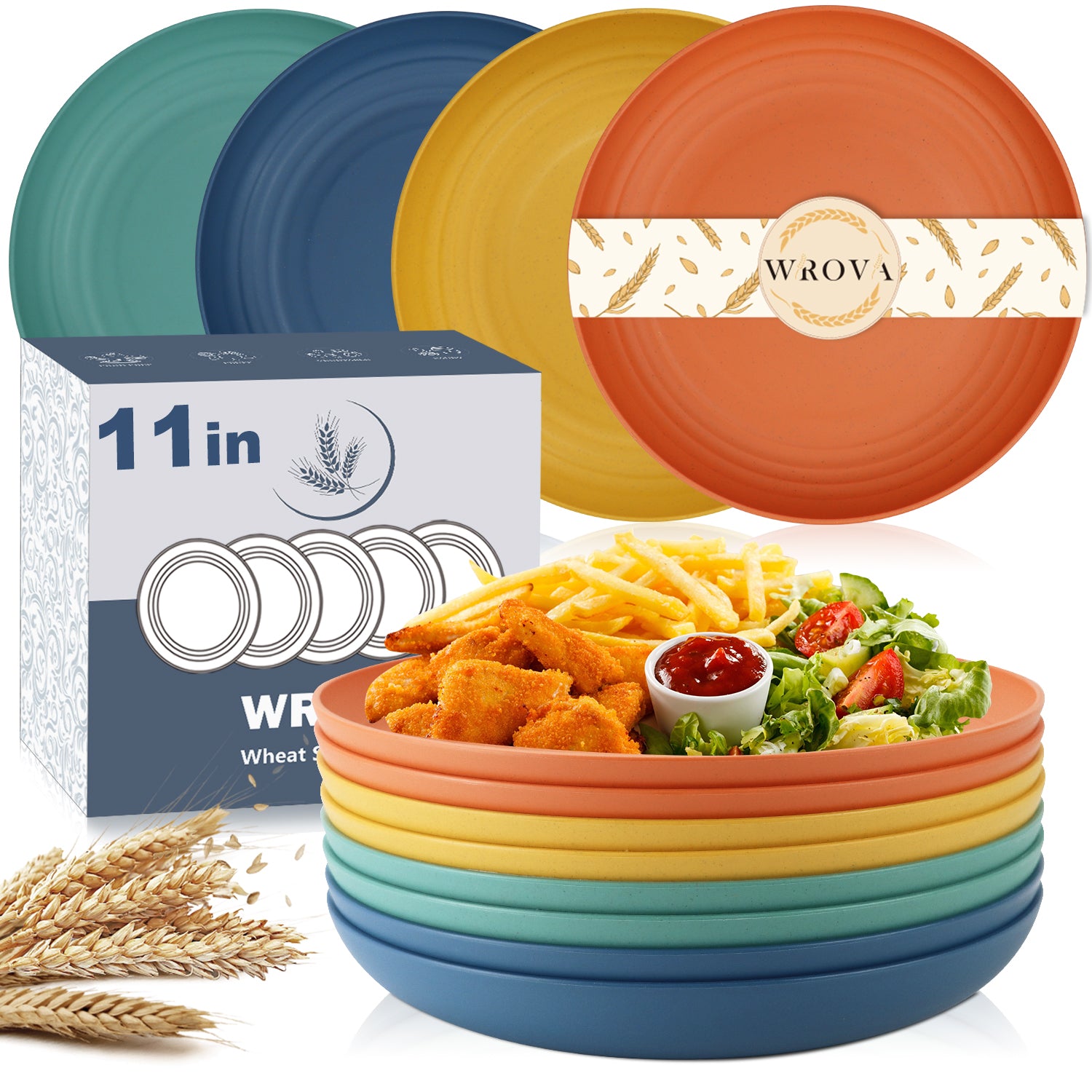 Large Wheat Straw Dinner Plates - 11 Inch Unbreakable Big Set of 8