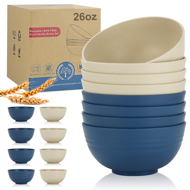 Wheat Straw Bowl Sets,8 PCS Unbreakable Cereal Bowl 26 OZ