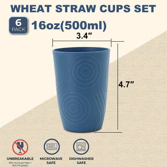 Wheat Straw Water Cups 16 oz with Etched Pattern - Alternative Plastic Drinking Glasses Set of 6
