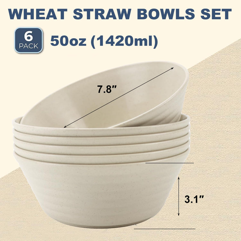 Wheat Straw Bowl Sets,6 PCS Unbreakable Cereal Bowl 50 OZ