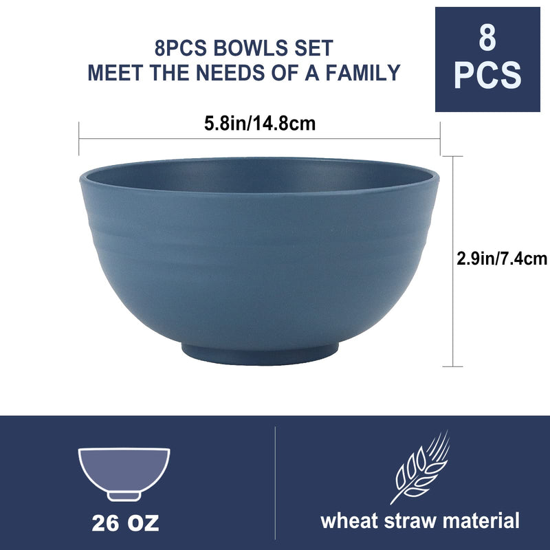 Wheat Straw Bowl Sets,8 PCS Unbreakable Cereal Bowl 26 OZ