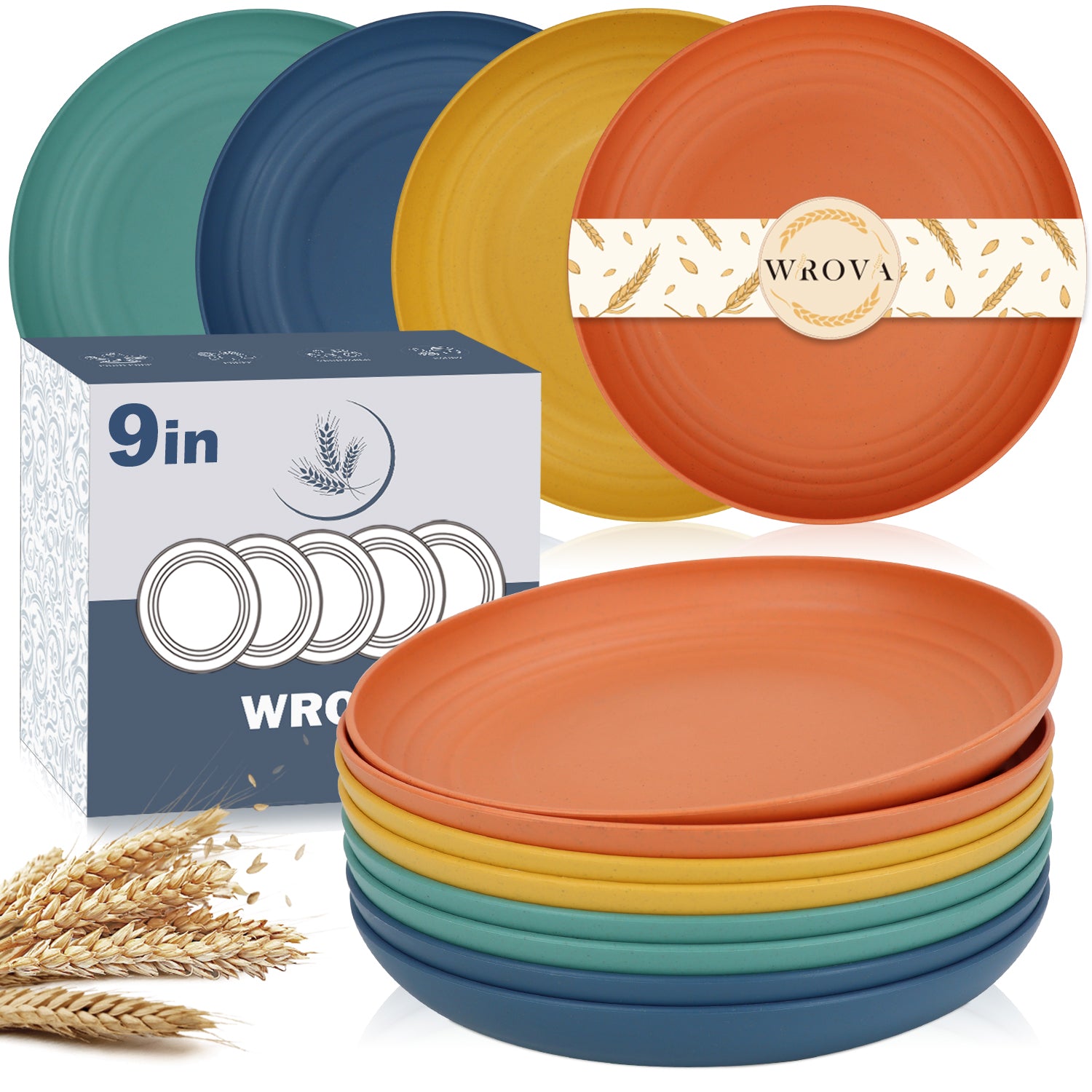 Wheat Straw Plates - 9 Inch Unbreakable Dinner Plates Set of 8