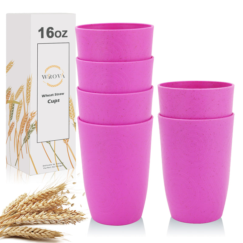 Wheat Straw Water Cups 16 oz with Etched Pattern - Alternative Plastic Drinking Glasses Set of 6