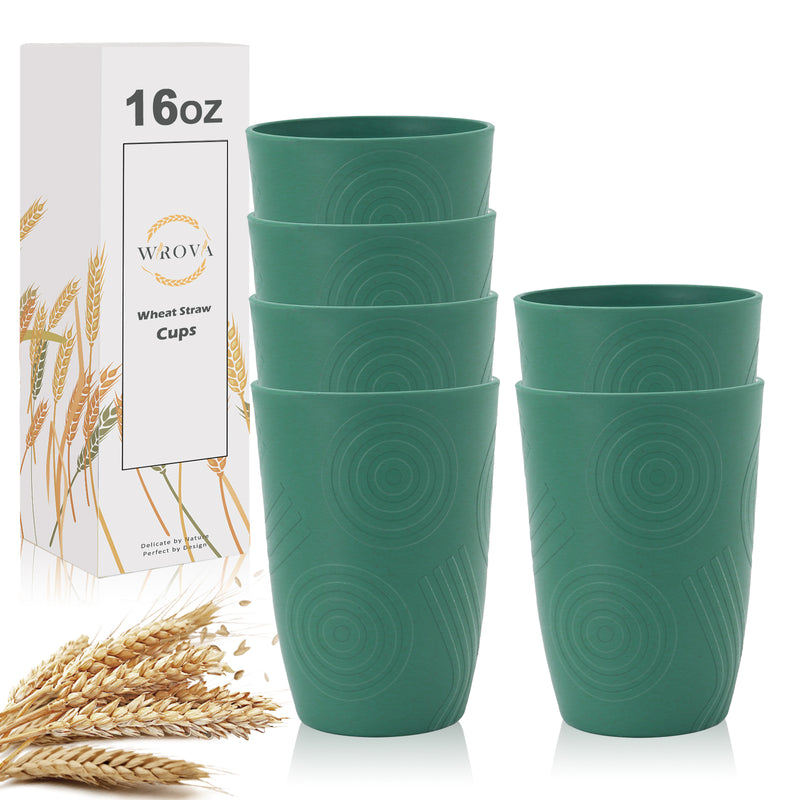 Wheat Straw Water Cups 16 oz with Etched Pattern - Alternative Plastic Drinking Glasses Set of 6