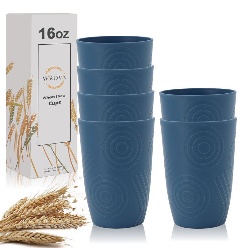 Wheat Straw Water Cups 16 oz with Etched Pattern - Alternative Plastic Drinking Glasses Set of 6