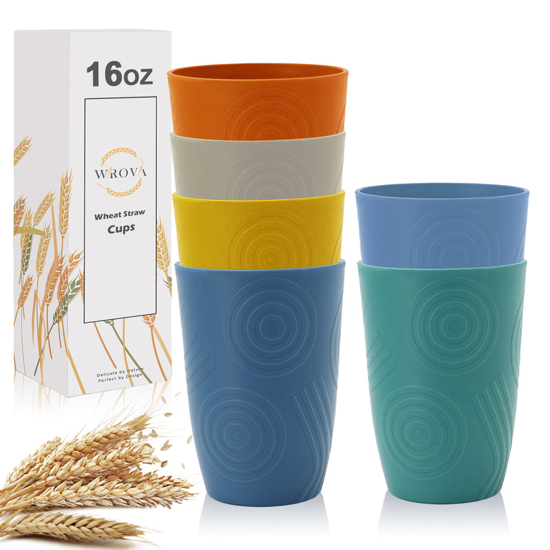 Wheat Straw Water Cups 16 oz with Etched Pattern - Alternative Plastic Drinking Glasses Set of 6