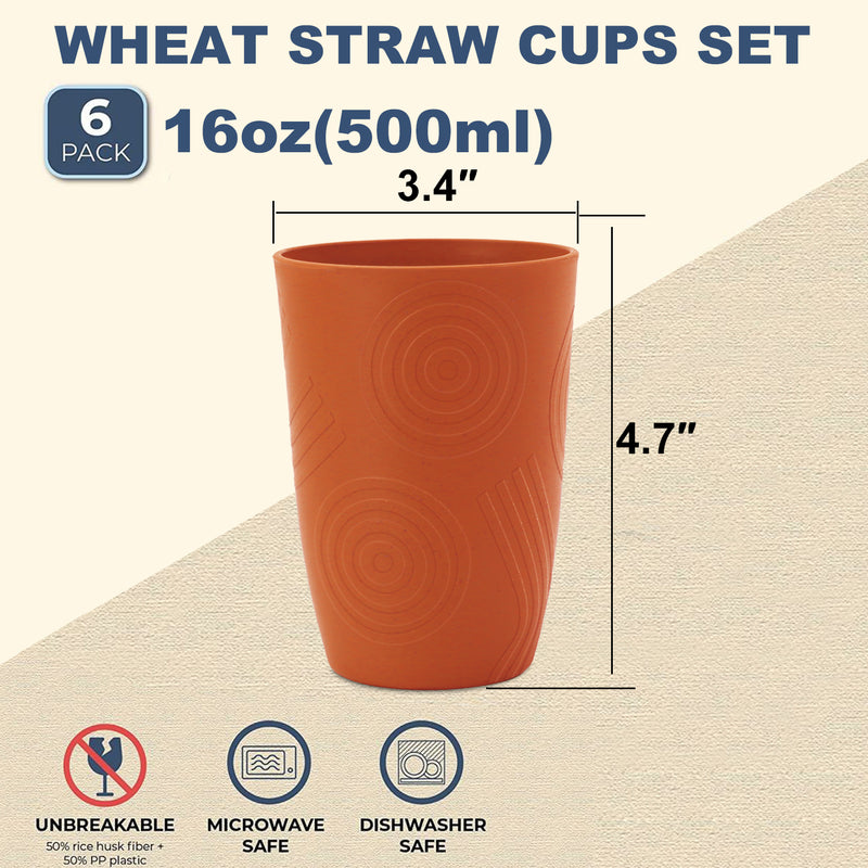 Wheat Straw Water Cups 16 oz with Etched Pattern - Alternative Plastic Drinking Glasses Set of 6