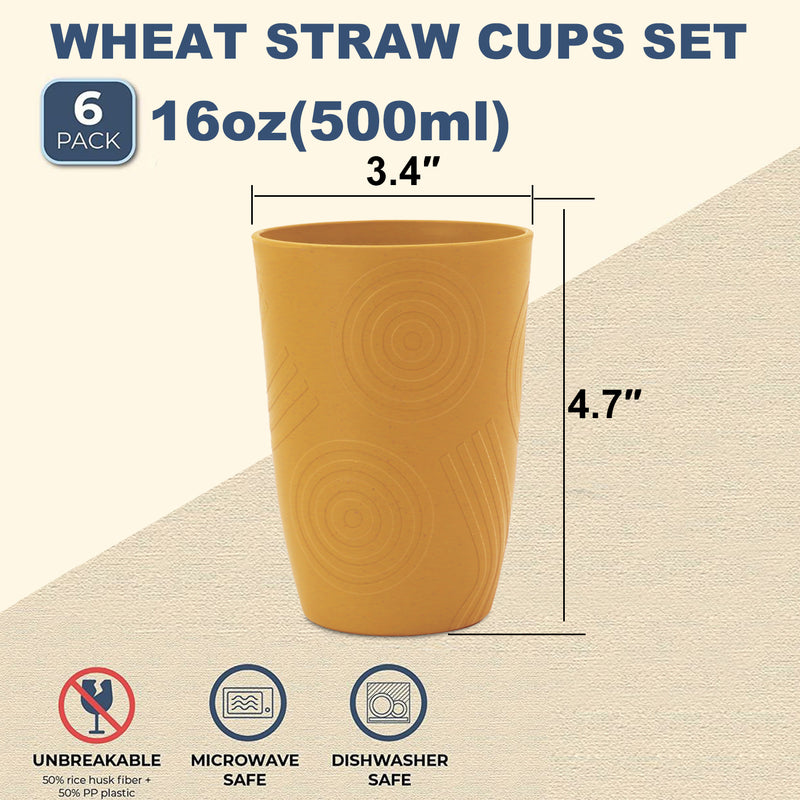 Wheat Straw Water Cups 16 oz with Etched Pattern - Alternative Plastic Drinking Glasses Set of 6
