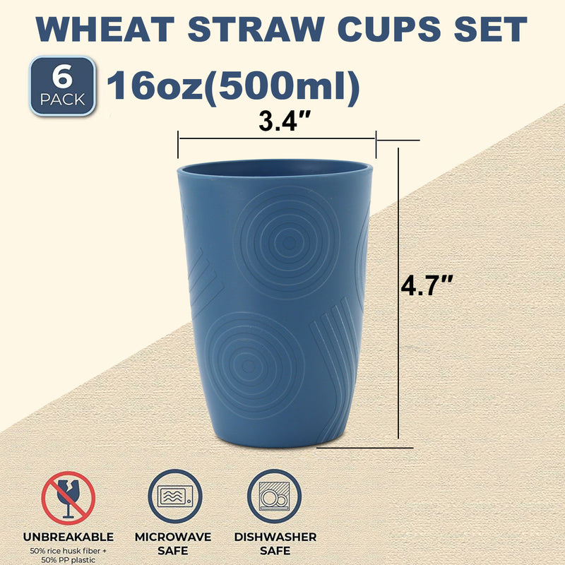 Wheat Straw Water Cups 16 oz with Etched Pattern - Alternative Plastic Drinking Glasses Set of 6