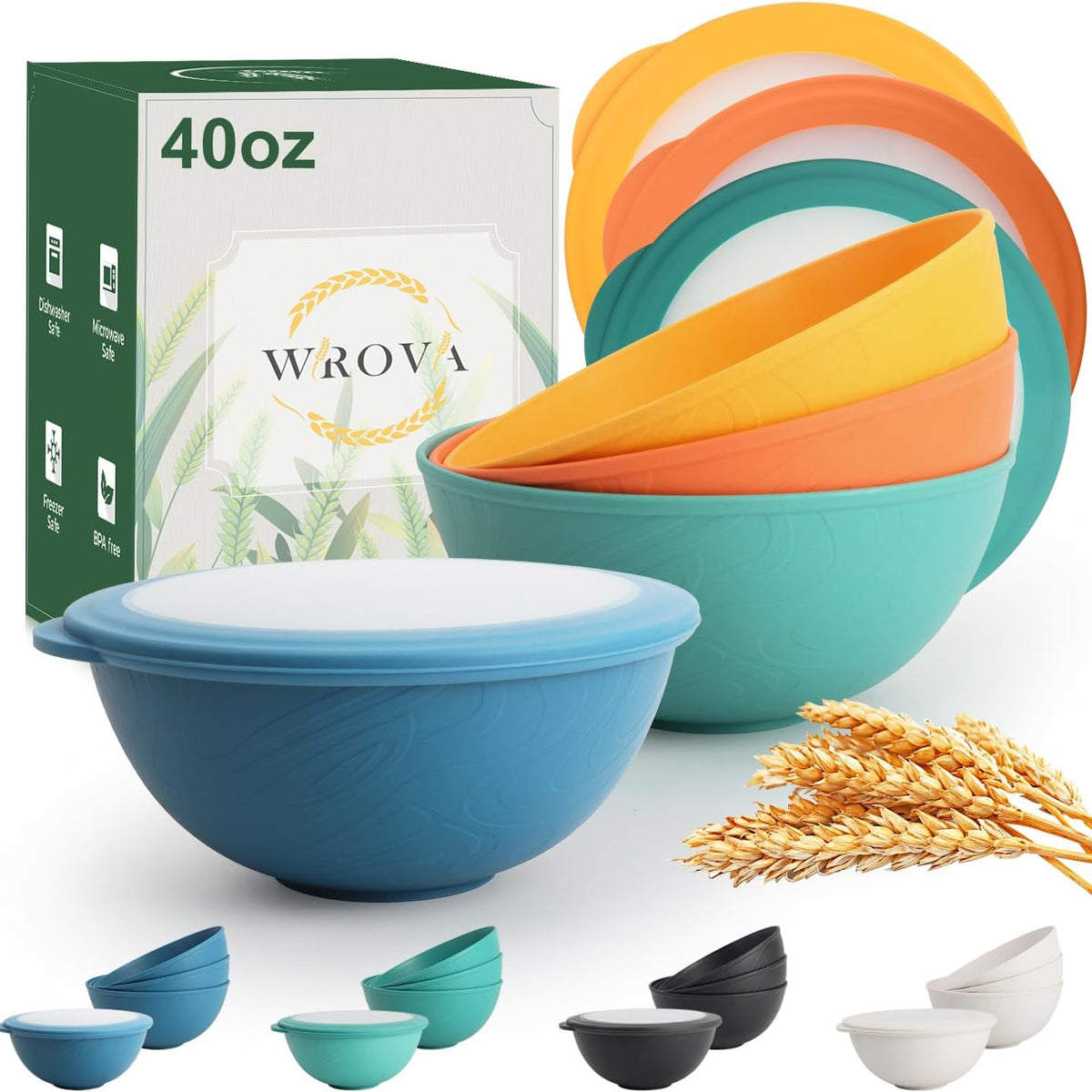Wrova 40oz wheat straw bowls with lids set of 4,cereal bowls with covers anti-leaking,unbreakable salad container for lunch, dishwasher safe bowl sets for kitchen. Vibrant Series