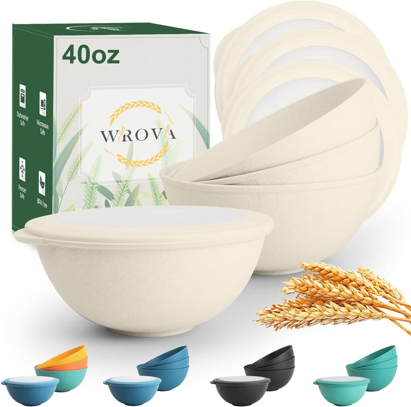 Wrova 40oz wheat straw bowls with lids set of 4,cereal bowls with covers anti-leaking,unbreakable salad container for lunch, dishwasher safe bowl sets for kitchen. Vibrant Series
