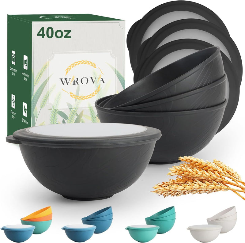 Wrova 40oz wheat straw bowls with lids set of 4,cereal bowls with covers anti-leaking,unbreakable salad container for lunch, dishwasher safe bowl sets for kitchen. Vibrant Series