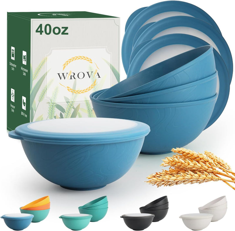 Wrova 40oz wheat straw bowls with lids set of 4,cereal bowls with covers anti-leaking,unbreakable salad container for lunch, dishwasher safe bowl sets for kitchen. Vibrant Series