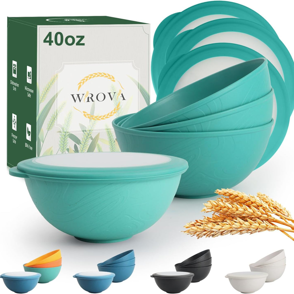 Wrova 40oz wheat straw bowls with lids set of 4,cereal bowls with covers anti-leaking,unbreakable salad container for lunch, dishwasher safe bowl sets for kitchen. Vibrant Series