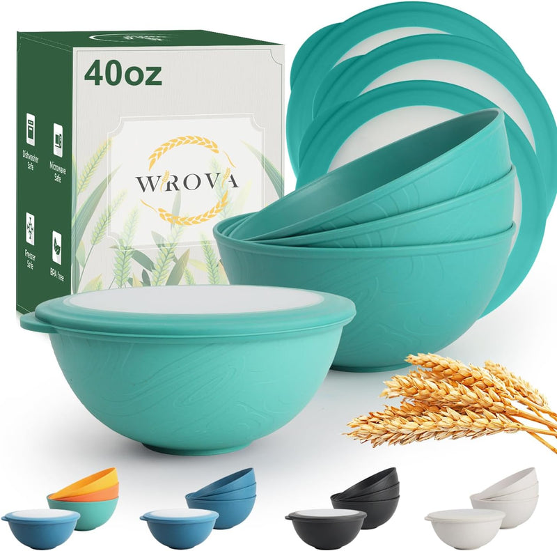 Wrova 40oz wheat straw bowls with lids set of 4,cereal bowls with covers anti-leaking,unbreakable salad container for lunch, dishwasher safe bowl sets for kitchen. Vibrant Series
