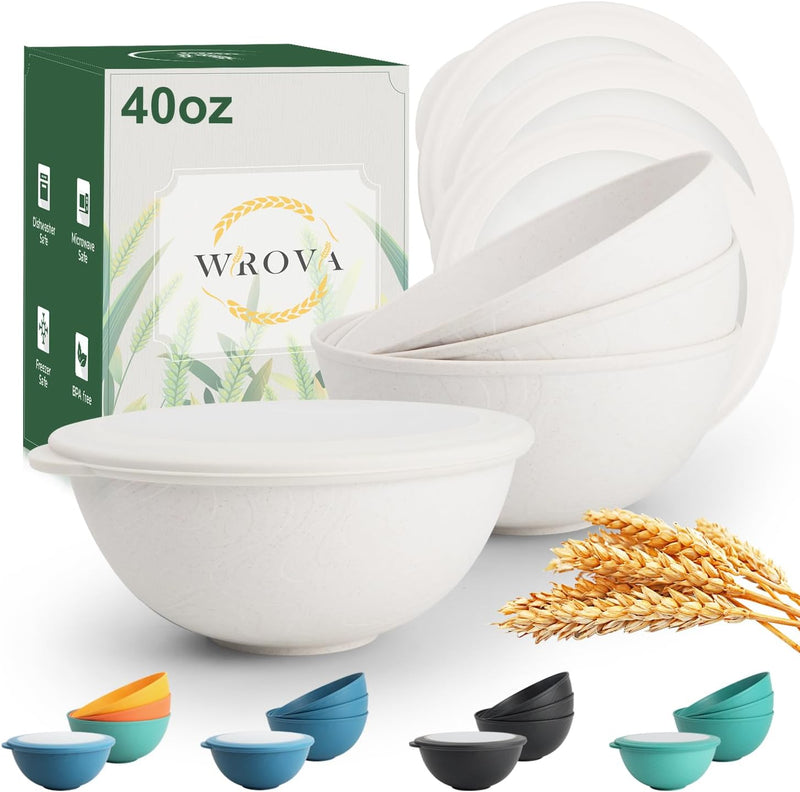 Wrova 40oz wheat straw bowls with lids set of 4,cereal bowls with covers anti-leaking,unbreakable salad container for lunch, dishwasher safe bowl sets for kitchen. Vibrant Series