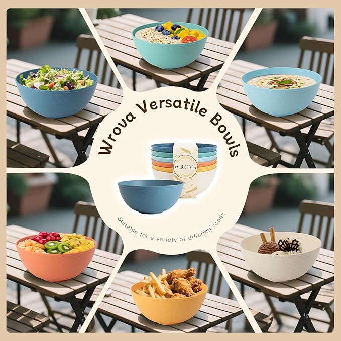 Wrova Wheat Straw Bowls for Kitchen set of 6,Anti-Scald Thick Soup Bowls 40oz,Microwave and Dishwasher Safe Bowl Sets, Unbreakable Cereal Bowl Sets. Vibrant Series