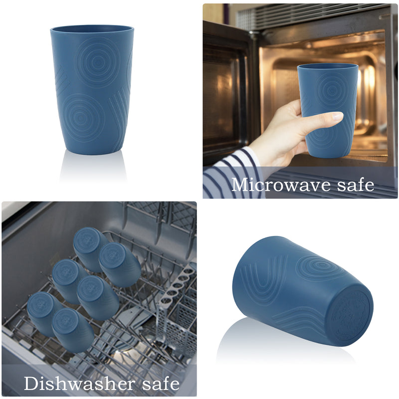 Wheat Straw Water Cups 16 oz with Etched Pattern - Alternative Plastic Drinking Glasses Set of 6