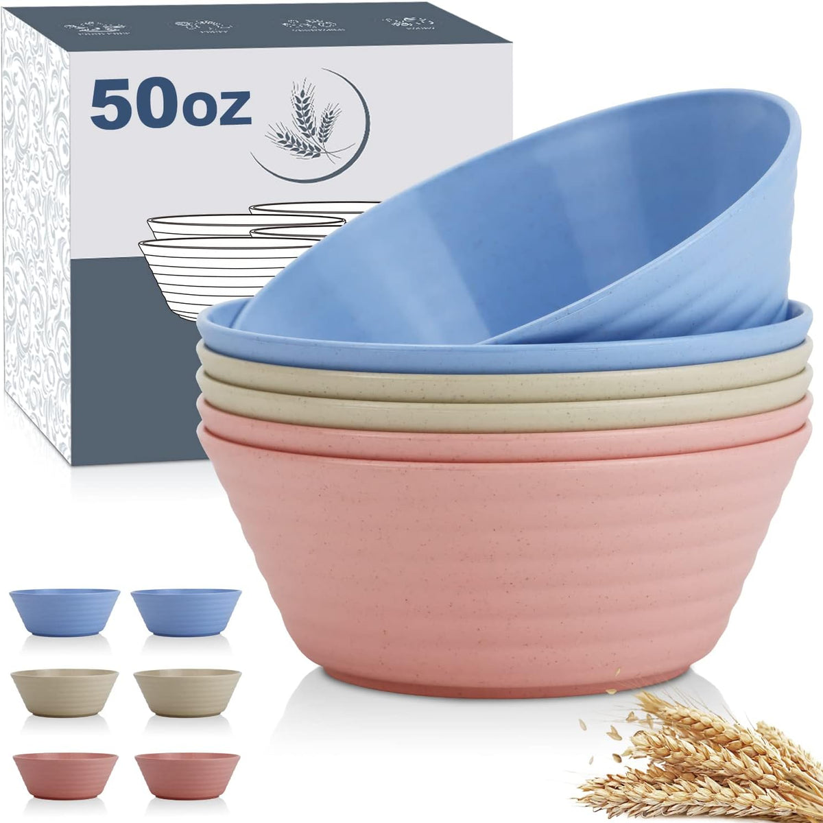 Wheat Straw Bowl Sets,6 PCS Unbreakable Cereal Bowl 50 OZ
