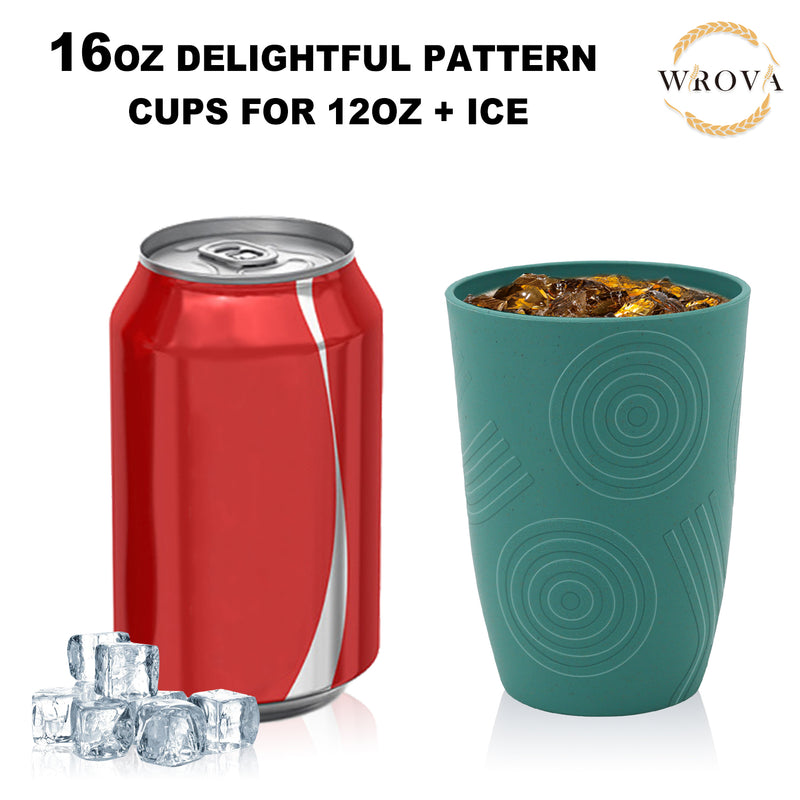 Wheat Straw Water Cups 16 oz with Etched Pattern - Alternative Plastic Drinking Glasses Set of 6