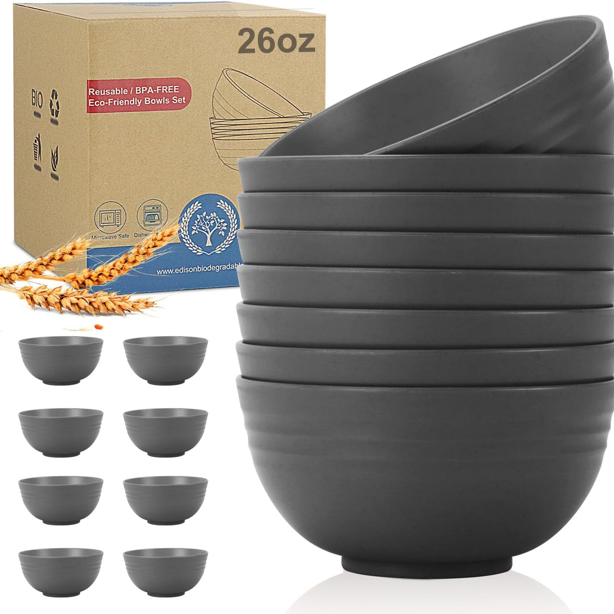 Wheat Straw Bowl Sets,8 PCS Unbreakable Cereal Bowl 26 OZ