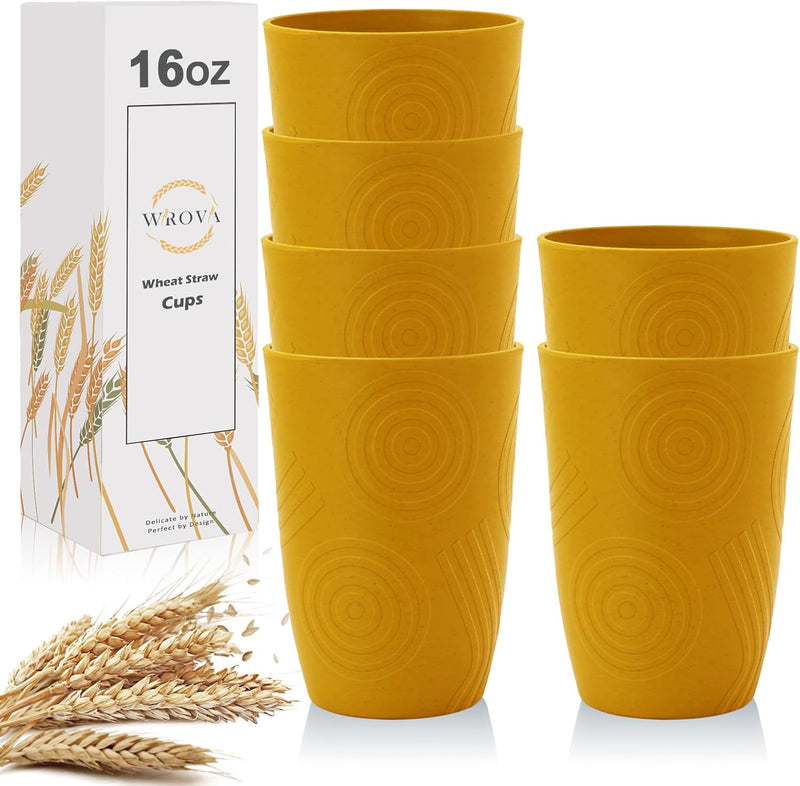 Wheat Straw Water Cups 16 oz with Etched Pattern - Alternative Plastic Drinking Glasses Set of 6