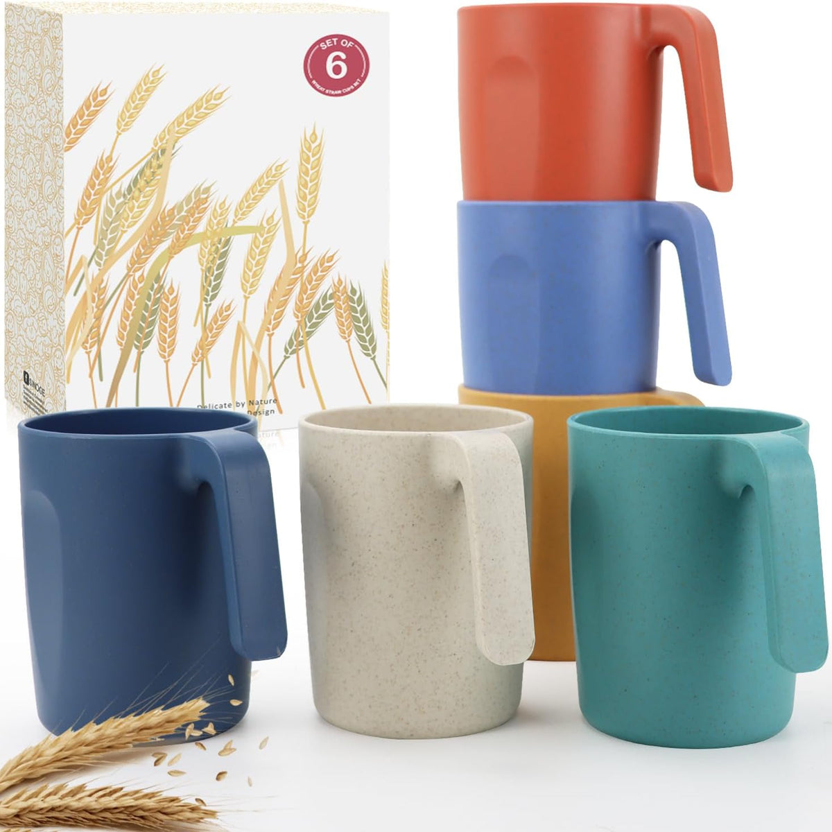 16oz Wheat Straw Cups with handles set of 6