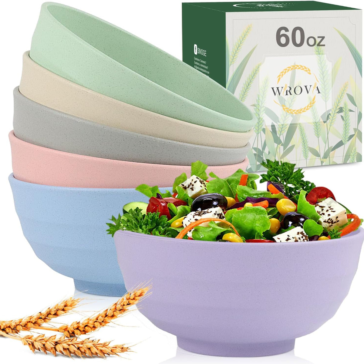 Wheat Straw Bowls Set 60 OZ Unbreakable Large Cereal Bowls Set of 6