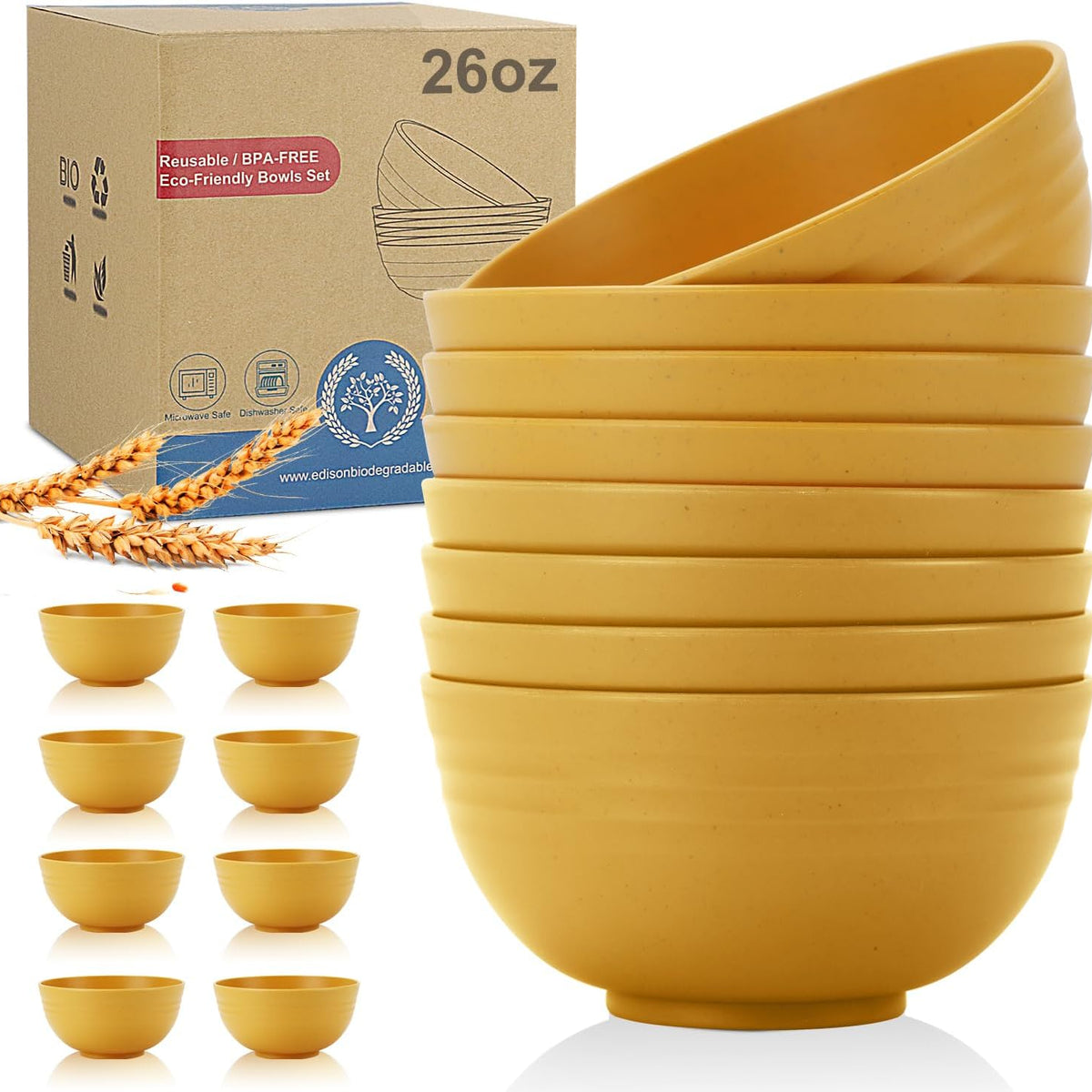 Wheat Straw Bowl Sets,8 PCS Unbreakable Cereal Bowl 26 OZ