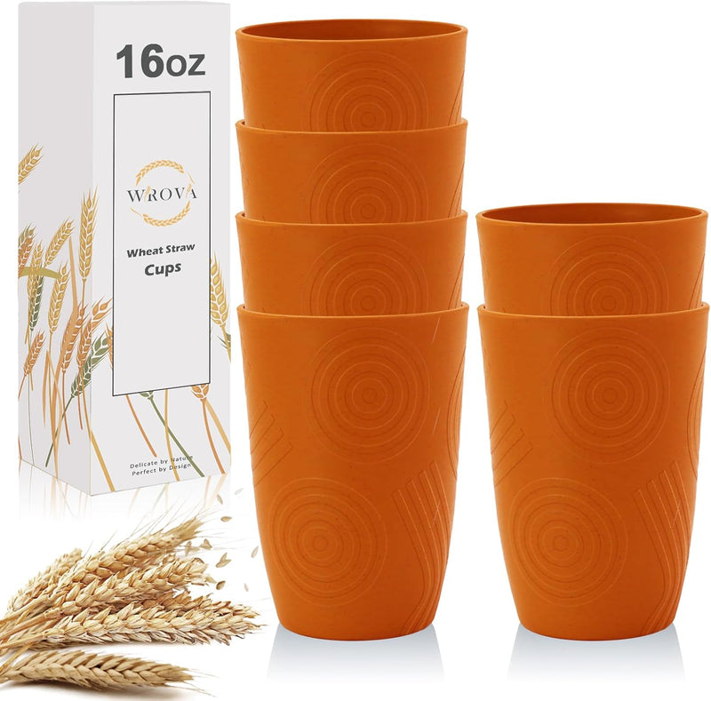 Wheat Straw Water Cups 16 oz with Etched Pattern - Alternative Plastic Drinking Glasses Set of 6