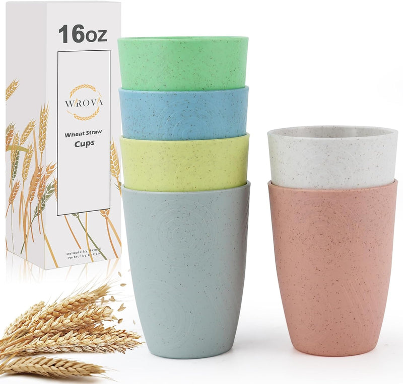 Wheat Straw Water Cups 16 oz with Etched Pattern - Alternative Plastic Drinking Glasses Set of 6