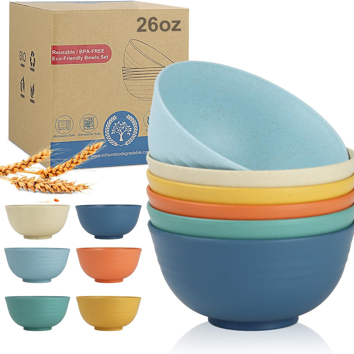 Wheat Straw Bowl Sets,8 PCS Unbreakable Cereal Bowl 26 OZ