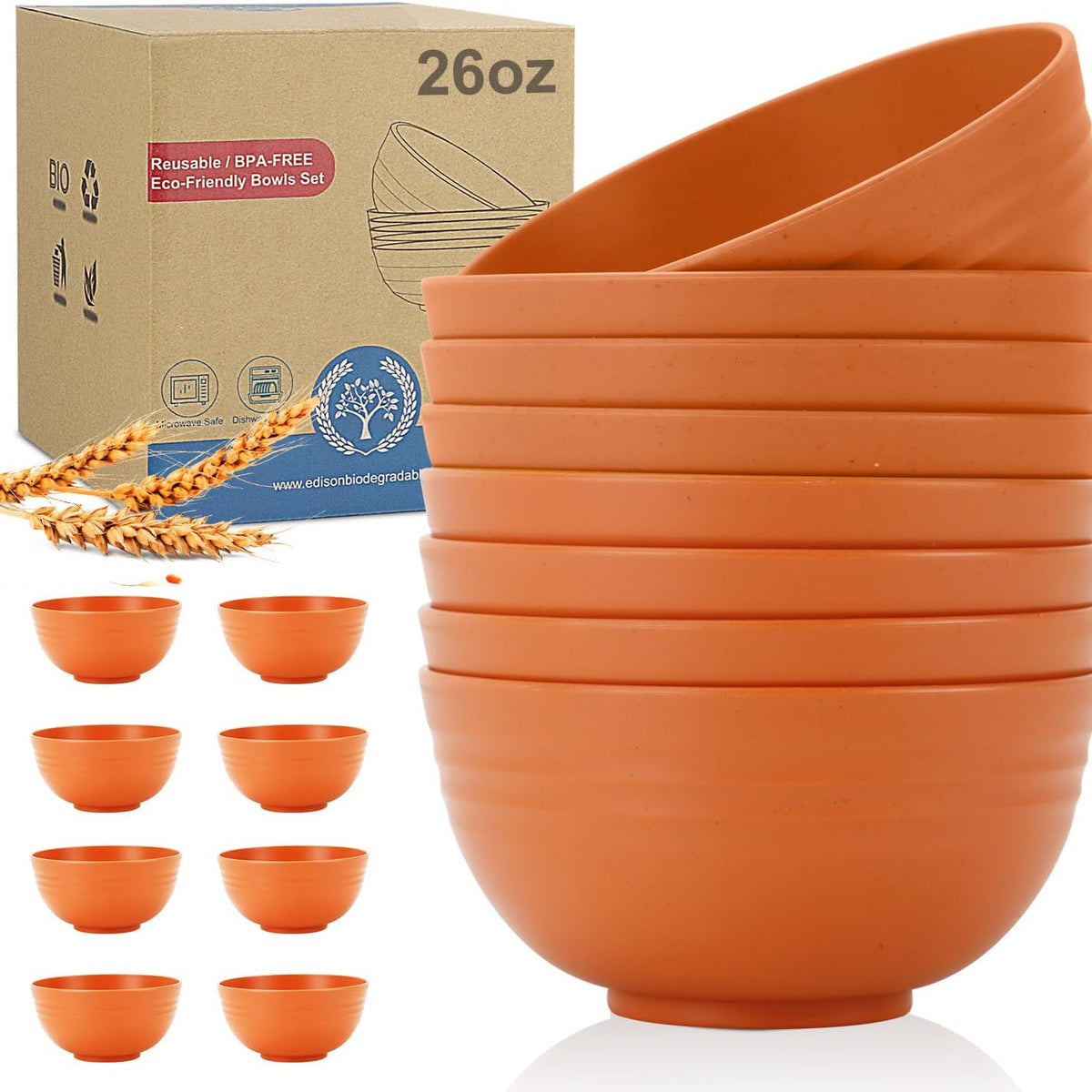 Wheat Straw Bowl Sets,8 PCS Unbreakable Cereal Bowl 26 OZ