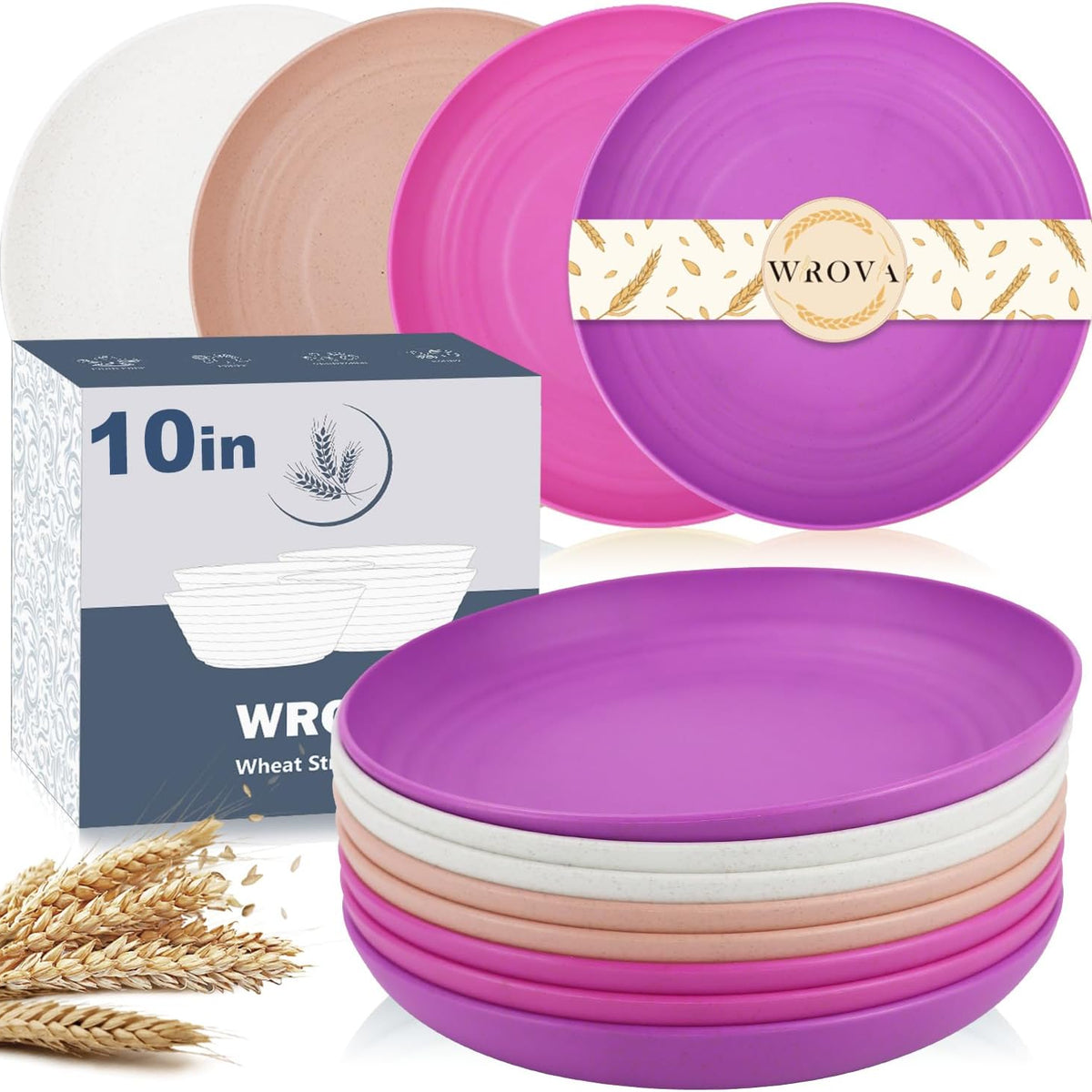 Wheat Straw Plates - 10 Inch Unbreakable Dinner Plates Set of 8