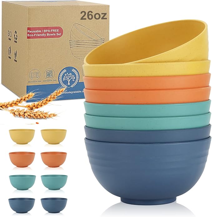 Wheat Straw Bowl Sets,8 PCS Unbreakable Cereal Bowl 26 OZ