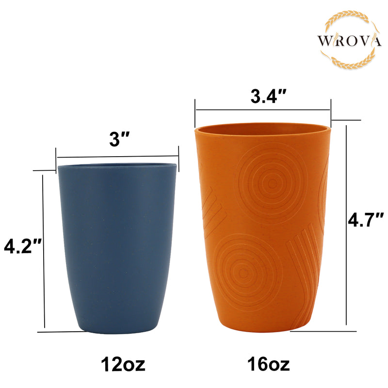 Wheat Straw Water Cups 16 oz with Etched Pattern - Alternative Plastic Drinking Glasses Set of 6