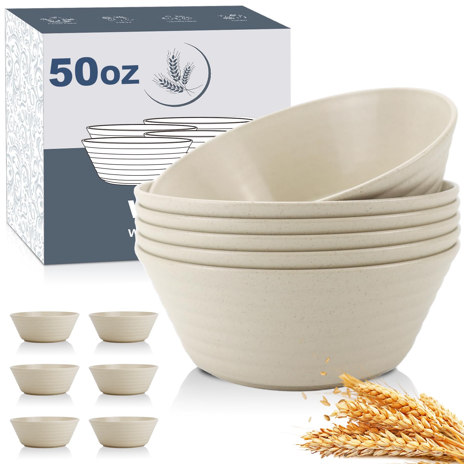 Wheat Straw Bowl Sets,6 PCS Unbreakable Cereal Bowl 50 OZ