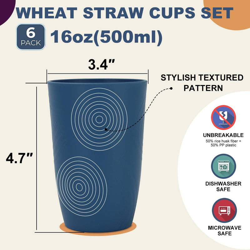 Wheat Straw Cups 16oz set of 8 with Etched Pattern