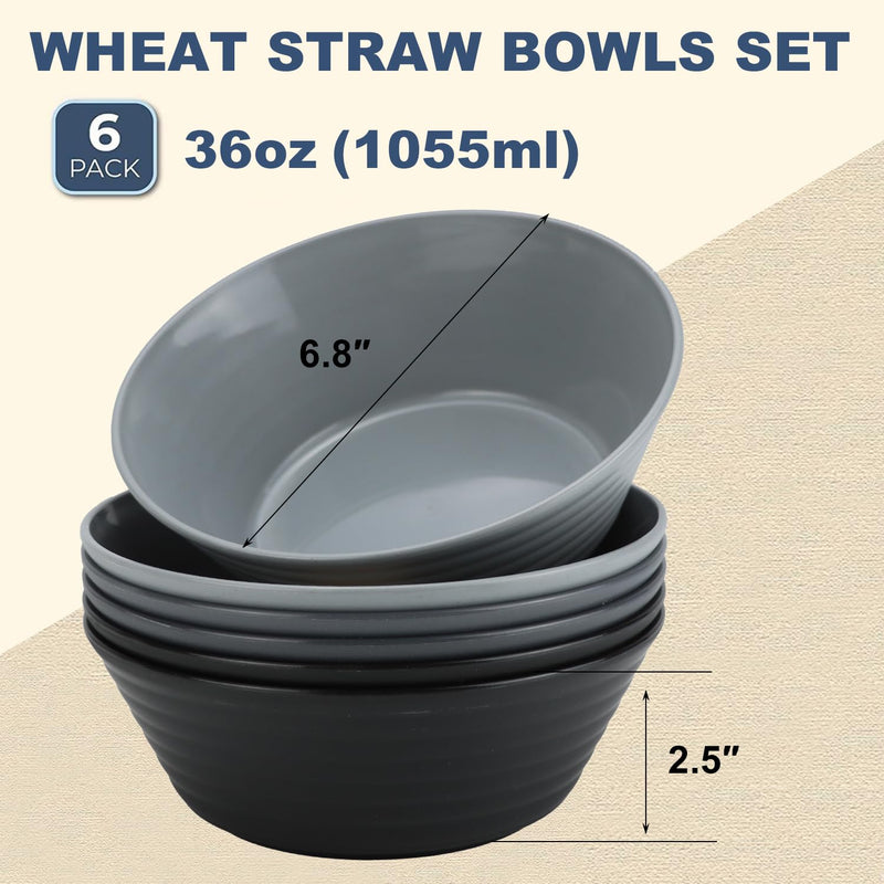 Wheat Straw Bowl Sets,6 PCS Unbreakable Cereal Bowl 36 OZ